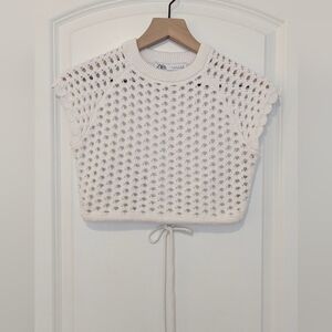 ZARA White Crochet Cap Sleeve Crop Top With Drawstring Size Small NWOT